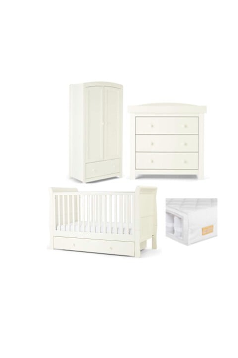 Mia 4 Piece Cotbed with Dresser Changer, Wardrobe, and Essential Pocket Spring Mattress Set- White image number 1
